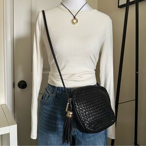 Jacqueline Ferrar Black Woven Leather Crossbody Bag
